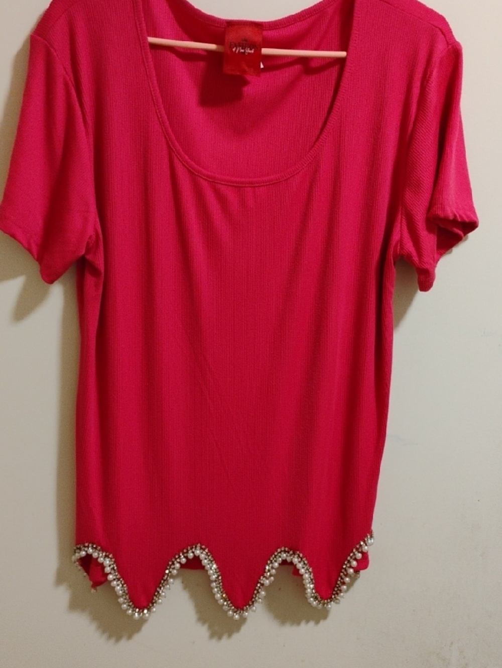 Bright Pink Embellished Hem Scoop Neck Top - Unknown Brand